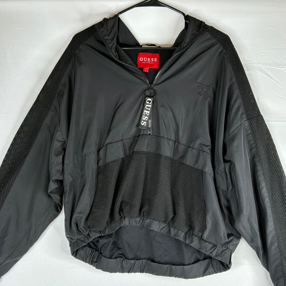 GUESS Womens Black Mesh Panel Quarter Zip Hooded Anorak Jacket L